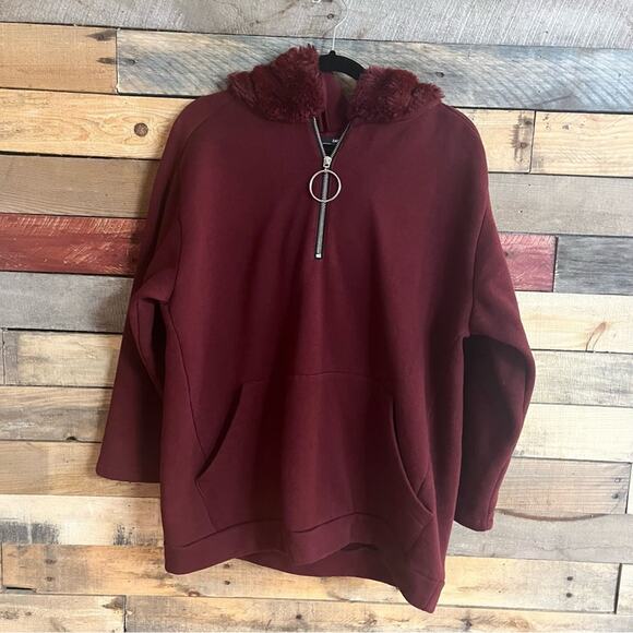 Zara Burgundy 1/4 Zip Fur Trim‎ Hoodie Small - Picture 1 of 7